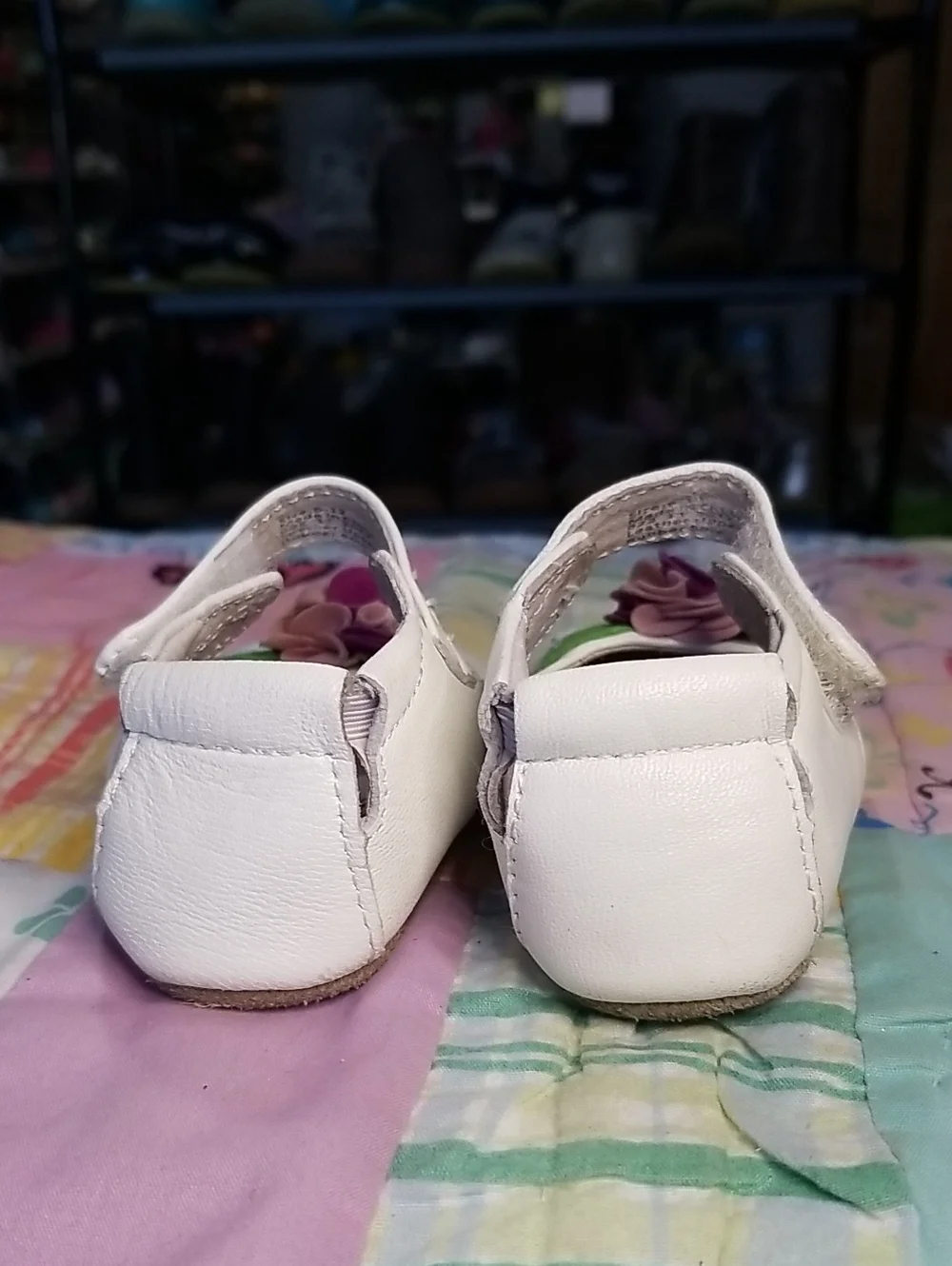 Livie & Luca White Leather Mary Jane Shoes with Purple & Pink Suede Flower 6-12